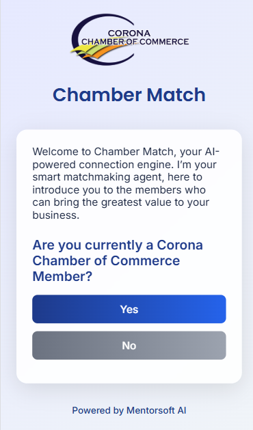 ChamberMatch welcome screen on a mobile phone