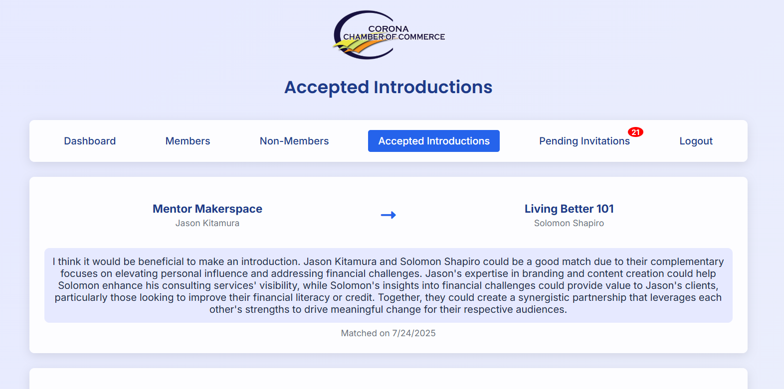 Screen showing ChamberMatch AI's deep reasoning for a match